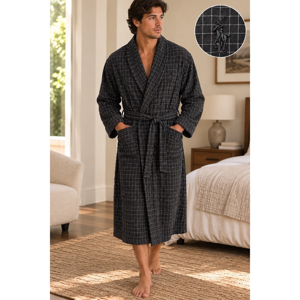 Polo Ralph Lauren Robe Mens S/M Black Grid Cotton Shawl Collar Preppy Old Money